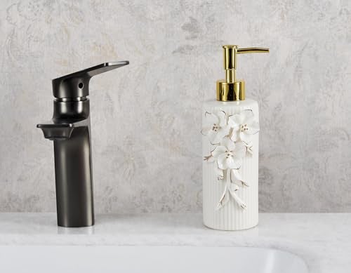 NEWHENGS Handmade Ceramic Flower Soap Pump Dispenser Hand Lotion Liquid Dispenser Refillable for Kitchen and Bathroom Decorative (Flower Gold) - Image 2