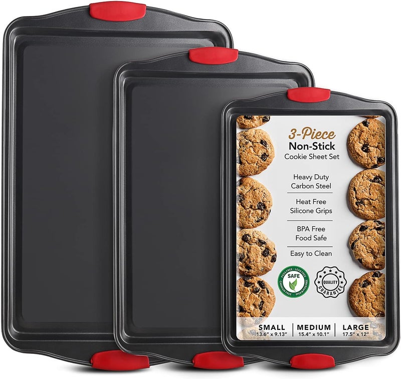 EATEX Baking Sheet Set, 3-Piece Cookie Sheet Set with Silicone Handles, Steel Baking Pans Set, Durable Baking Sheets for Oven, BPA Free Cookie Sheets for Baking Nonstick Set, Sheet Pan - Black Baking Pan - Image 1