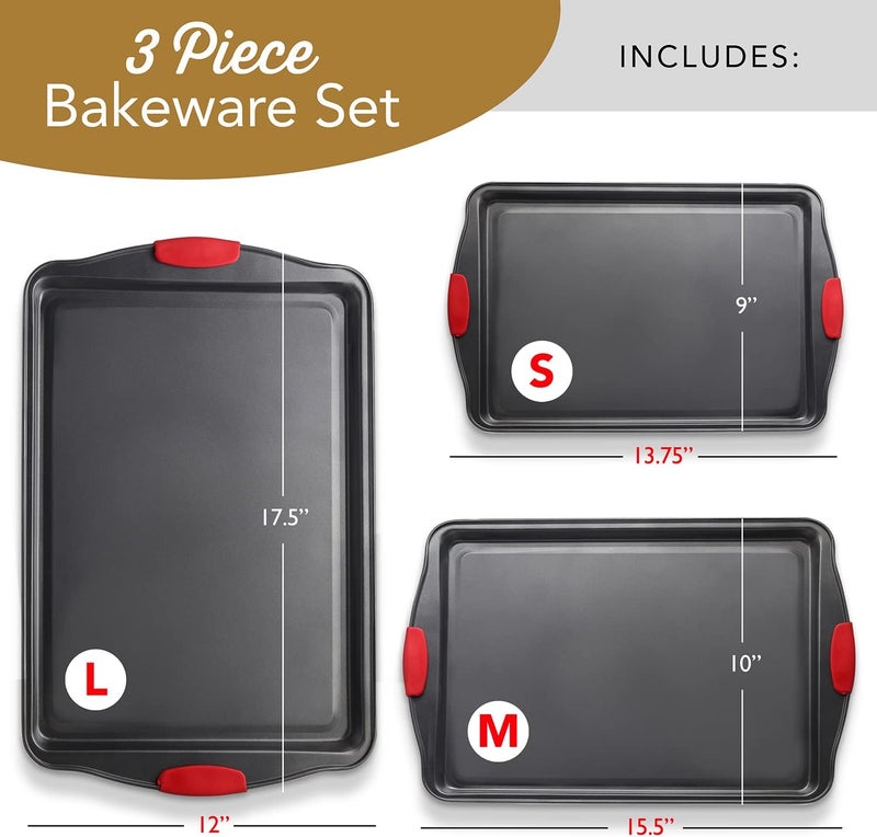 EATEX Baking Sheet Set, 3-Piece Cookie Sheet Set with Silicone Handles, Steel Baking Pans Set, Durable Baking Sheets for Oven, BPA Free Cookie Sheets for Baking Nonstick Set, Sheet Pan - Black Baking Pan - Image 2