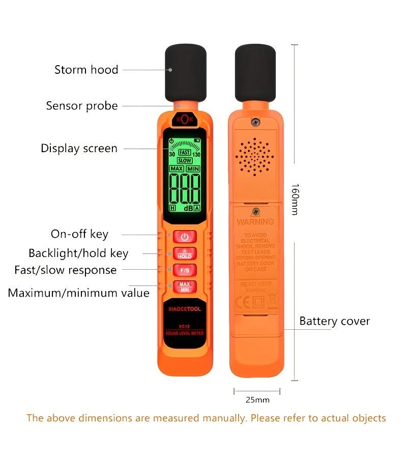 Orange Sound Level Meter 30-130 dB High Precision with Capacitive Microphone Dual Mode Selection Compact Portable LED Large Screen Display Data Hold for Indoor Office Road Traffic Construction Site - Image 5