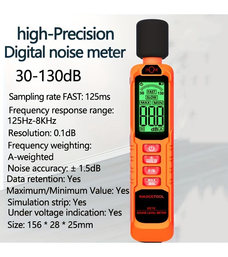 Orange Sound Level Meter 30-130 dB High Precision with Capacitive Microphone Dual Mode Selection Compact Portable LED Large Screen Display Data Hold for Indoor Office Road Traffic Construction Site - Image 1