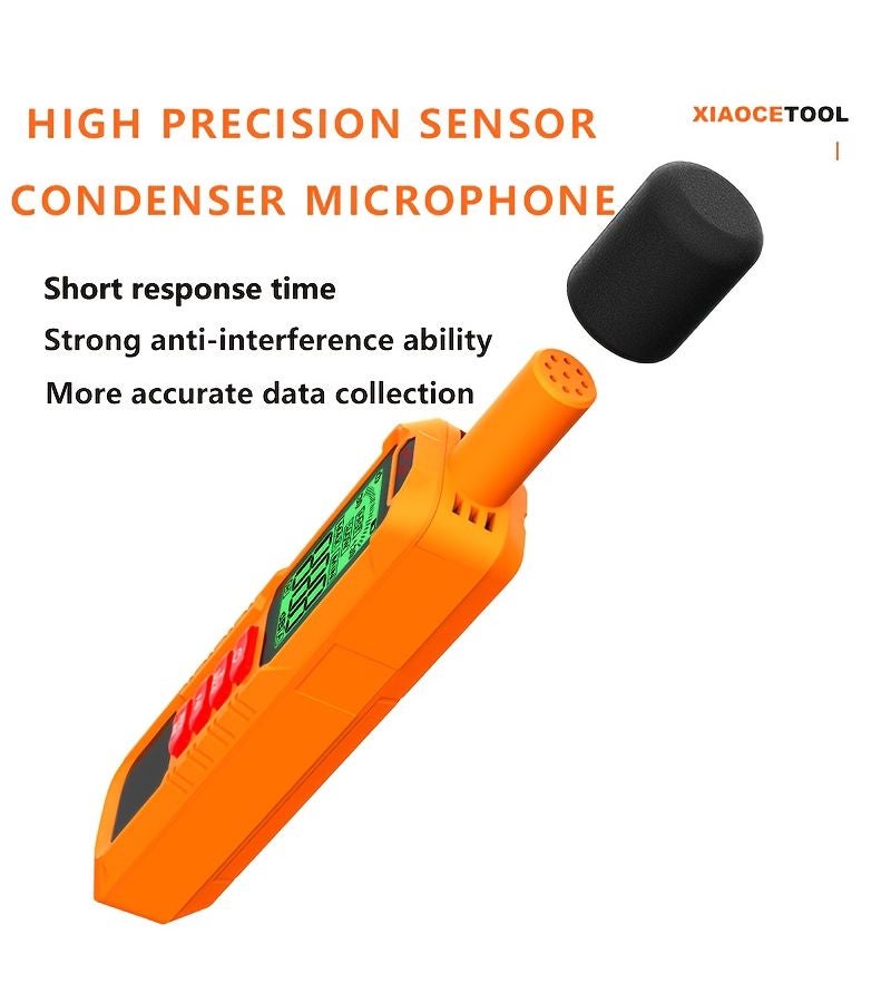 Orange Sound Level Meter 30-130 dB High Precision with Capacitive Microphone Dual Mode Selection Compact Portable LED Large Screen Display Data Hold for Indoor Office Road Traffic Construction Site - Image 3
