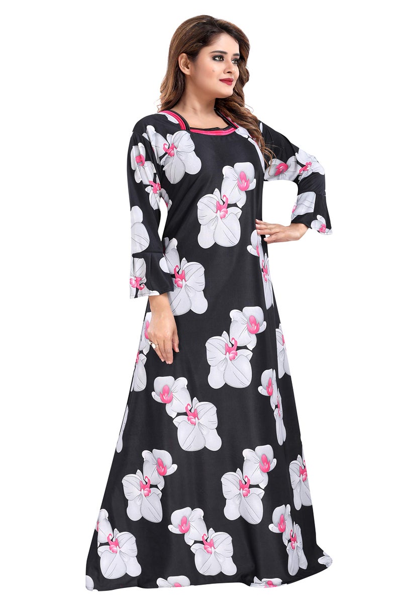 YKI® Women's Sarina Beautiful Print Full-Flare Nighty with Long Sleeves/Night Gown/Nightwear/Nightdress, Large, Black - Image 2