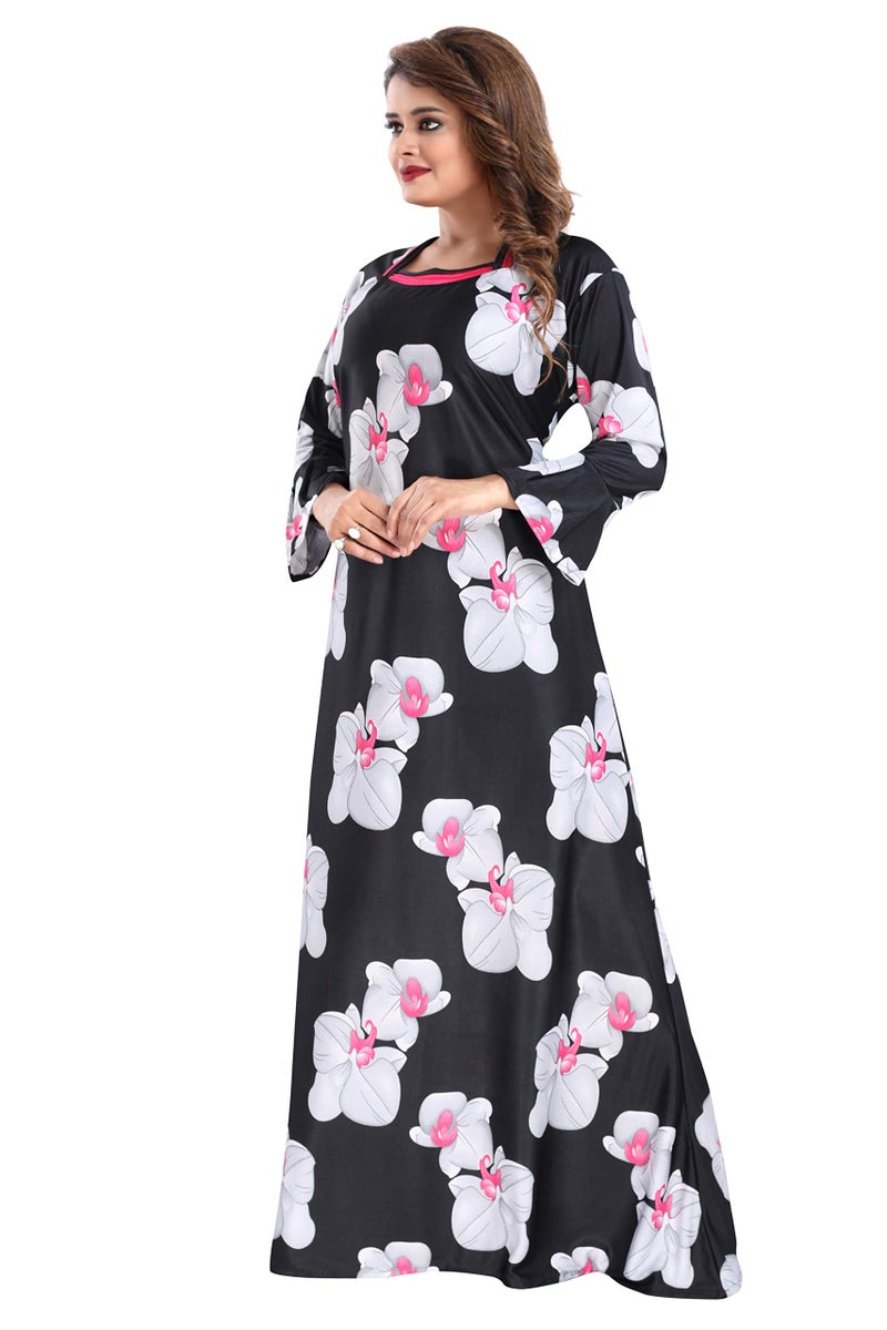 YKI® Women's Sarina Beautiful Print Full-Flare Nighty with Long Sleeves/Night Gown/Nightwear/Nightdress, Large, Black - Image 3