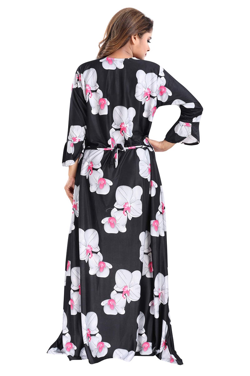 YKI® Women's Sarina Beautiful Print Full-Flare Nighty with Long Sleeves/Night Gown/Nightwear/Nightdress, Large, Black - Image 5