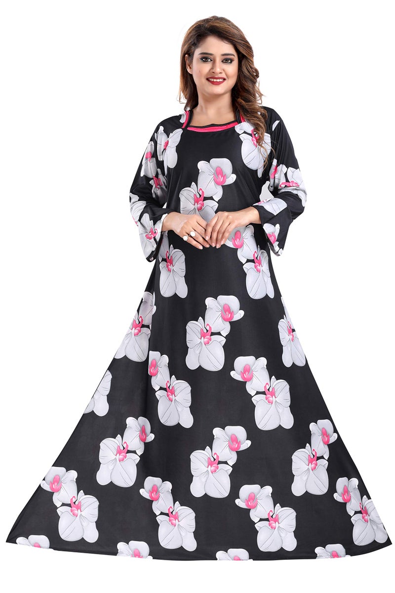 YKI® Women's Sarina Beautiful Print Full-Flare Nighty with Long Sleeves/Night Gown/Nightwear/Nightdress, Large, Black - Image 1