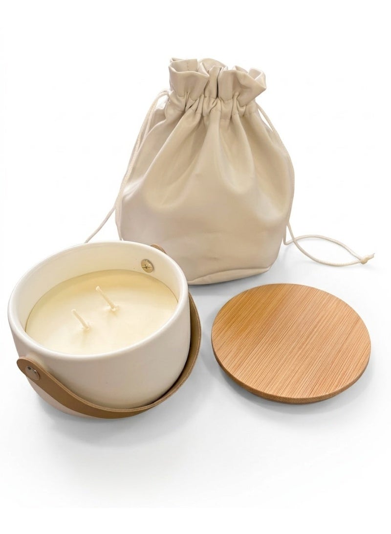 شمعة معطرة فاخرة مع وعاء سيراميك وغطاء خشبي - Image 1