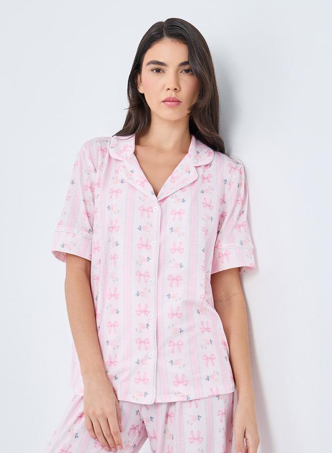 Styli Linear Bow Print Short Sleeve Shirt and Pyjama Set - Image 2