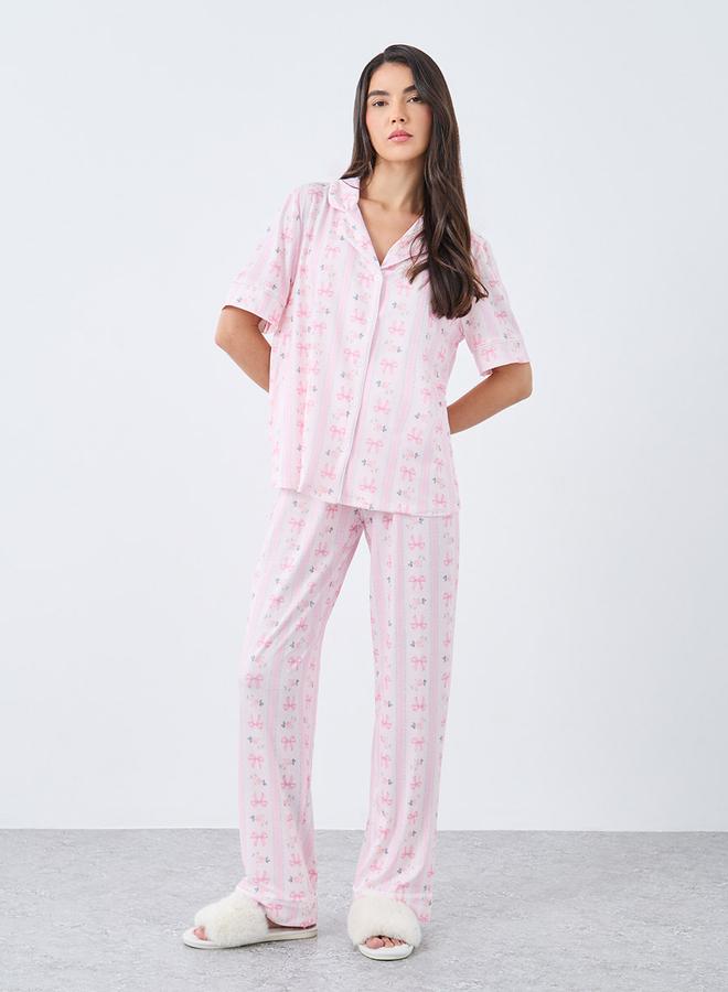 Styli Linear Bow Print Short Sleeve Shirt and Pyjama Set - Image 1