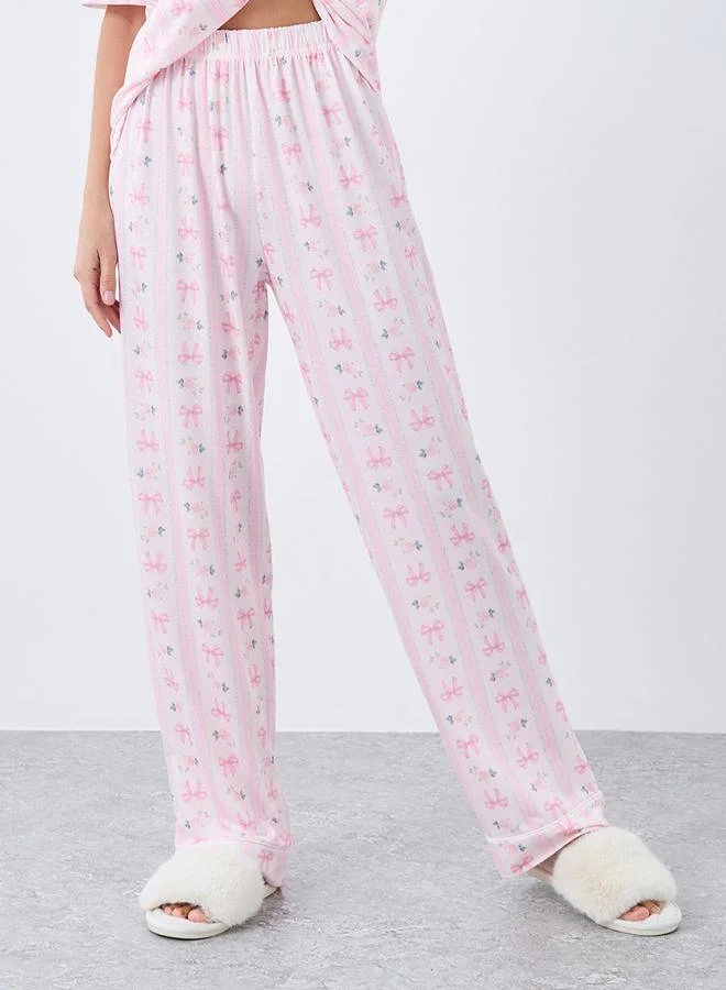 Styli Styli Linear Bow Print Short Sleeve Shirt and Pyjama Set