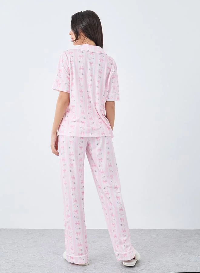 Styli Styli Linear Bow Print Short Sleeve Shirt and Pyjama Set