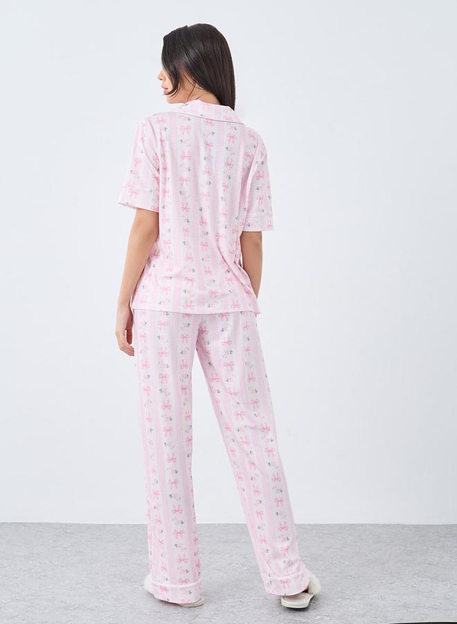 Styli Linear Bow Print Short Sleeve Shirt and Pyjama Set - Image 4