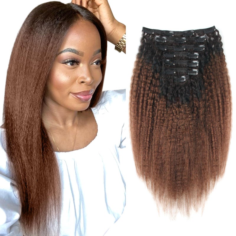 Sassina Thick Yaki Kinky Straight Clip in Ombre Color Natural Black to Dark Brown Virgin Human Hair Clip on for Black Women 120 Grams 7 Pieces 18inch Kinky Straight Clip ins