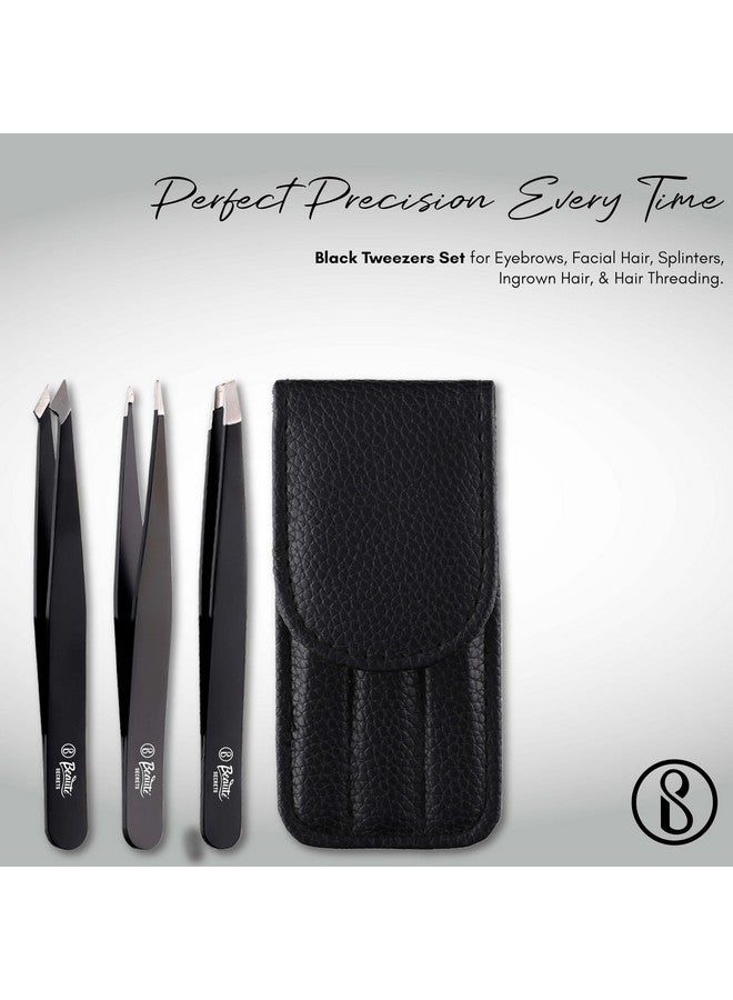 Beaute Secrets Tweezers Set Tweezers For Eyebrows Great Precision Plucker For Facial Hair Splinter And Ingrown Hair Removal Hair Threading(Black) - Image 2