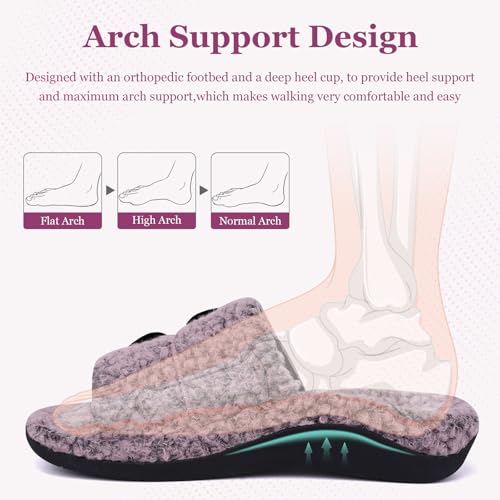ERGOfoot Fuzzy House Slippers with Arch Support for Women Men, Orthopedic Slide Slippers for Plantar Fasciitis Open Toe Indoor House Shoes with Adjustable Straps, Foot Pain Relief/Pink Purple Marl - Image 3