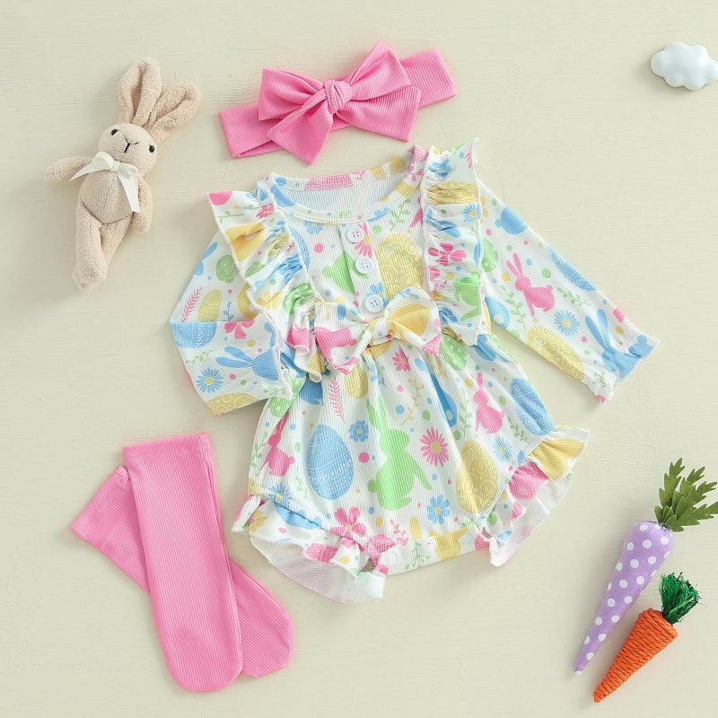 Rourufy Baby Girl Easter Outfit Newborn Bunny Egg Bow Romper Dress Infant Ruffle Bodysuit Top Spring Clothes With Socks (A Egg Bunny Floral Multicolor, 12-18 Months) - Image 2