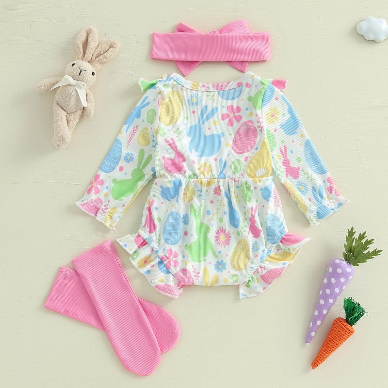 Rourufy Baby Girl Easter Outfit Newborn Bunny Egg Bow Romper Dress Infant Ruffle Bodysuit Top Spring Clothes With Socks (A Egg Bunny Floral Multicolor, 12-18 Months) - Image 3