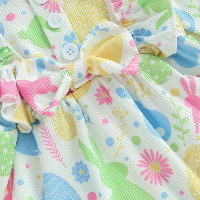 Rourufy Baby Girl Easter Outfit Newborn Bunny Egg Bow Romper Dress Infant Ruffle Bodysuit Top Spring Clothes With Socks (A Egg Bunny Floral Multicolor, 12-18 Months) - Image 5