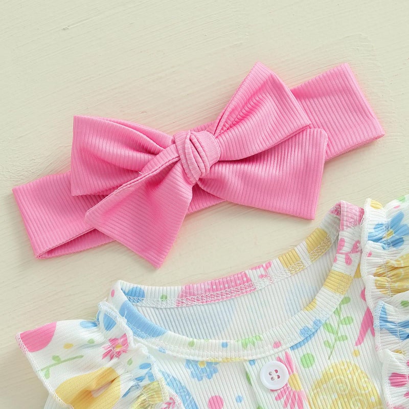 Rourufy Baby Girl Easter Outfit Newborn Bunny Egg Bow Romper Dress Infant Ruffle Bodysuit Top Spring Clothes With Socks (A Egg Bunny Floral Multicolor, 12-18 Months) - Image 4
