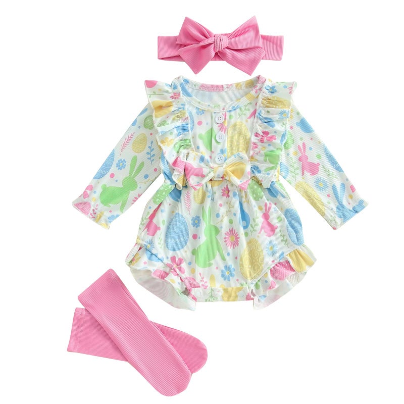 Rourufy Baby Girl Easter Outfit Newborn Bunny Egg Bow Romper Dress Infant Ruffle Bodysuit Top Spring Clothes With Socks (A Egg Bunny Floral Multicolor, 12-18 Months) - Image 1