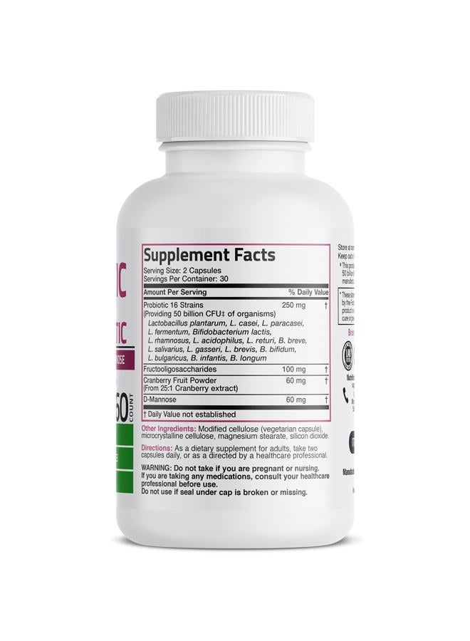 Bronson Women's Probiotic 50 Billion CFU + Prebiotic with Cranberry & D-Mannose – Vaginal Health, Healthy Digestion, Immune Function and Urinary Tract Support, Non-GMO, 60 Vegetarian Capsules  - Image 2