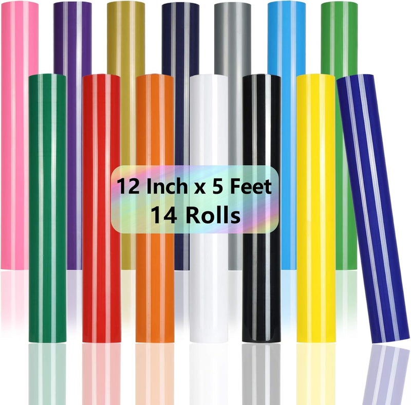TUMIYA 14 Rolls Heat Transfer Vinyl, 12" x 5ft Adhesive Glossy Iron on Vinyl for T-Shirt, HTV Vinyl for Heat Press DIY Design Easy to Cut & Weed - Image 1