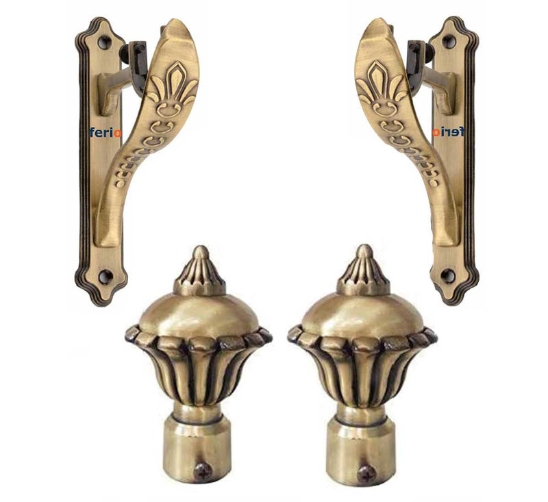 FERIO Antique Brass Alloy Zinc Curtain Bracket Set and Curtain Finials for Door and Window Rod Fittings 1 Inch Rod Pocket (Curtain Holder 2 Pcs and Curtain Finial 2 Pcs) | Light-Filtering - Image 1