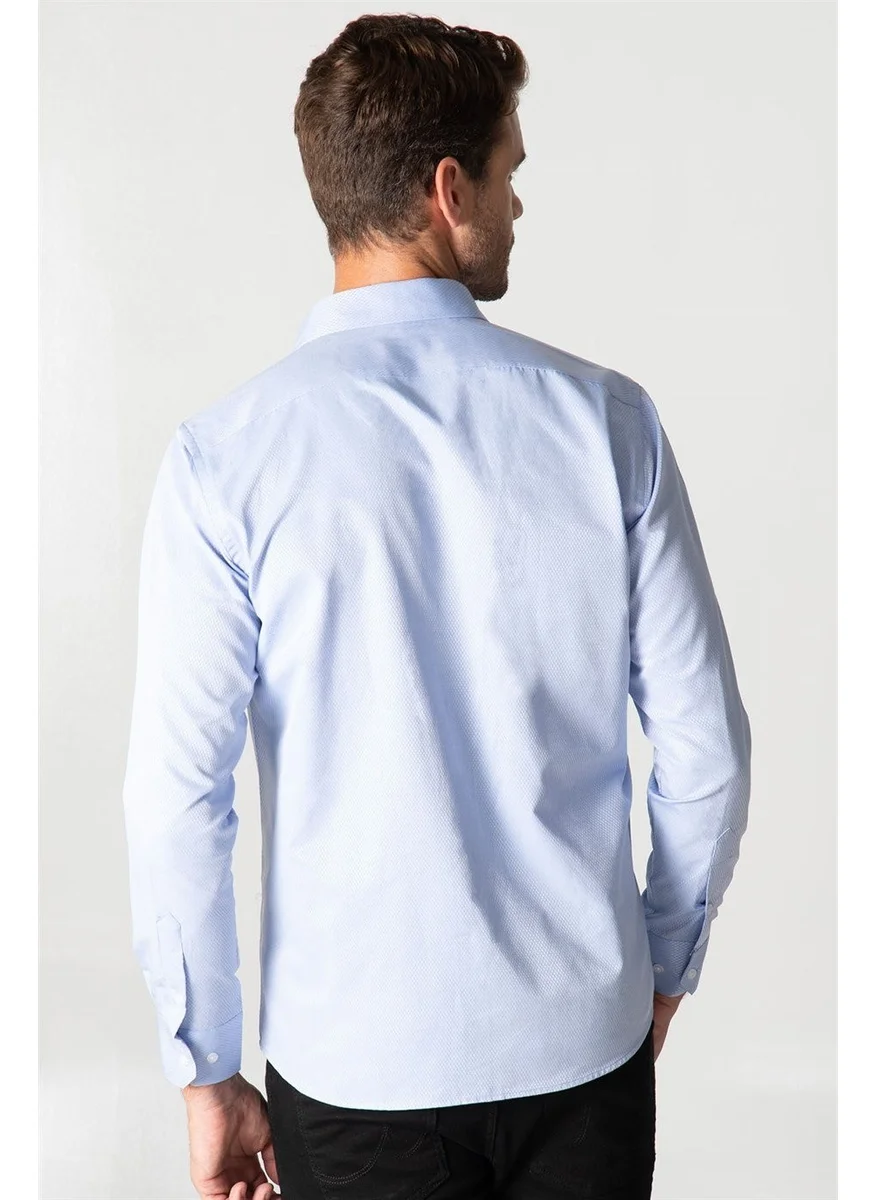 Tudors Classic Fit Long Sleeve Dobby Tie Collar Patterned Men's Blue Shirt