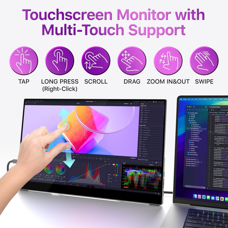 cocopar Portable Monitor Touchscreen 15.6 Inch 1080P FHD 90% sRGB Travel Monitor with Speaker HDMI USB-C Second Screen for Laptop MacBook Surface PC Xbox PS4/5, VESA Mountable, with Touchscreen - Image 2
