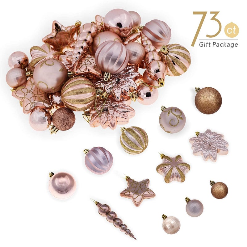 AUXO-FUN 73ct Assorted shatterproof Christmas Ornaments Luxury Collection Set in Reusable Hand-held Gift Package for Christmas Tree Decoration (Champagne) - Image 4