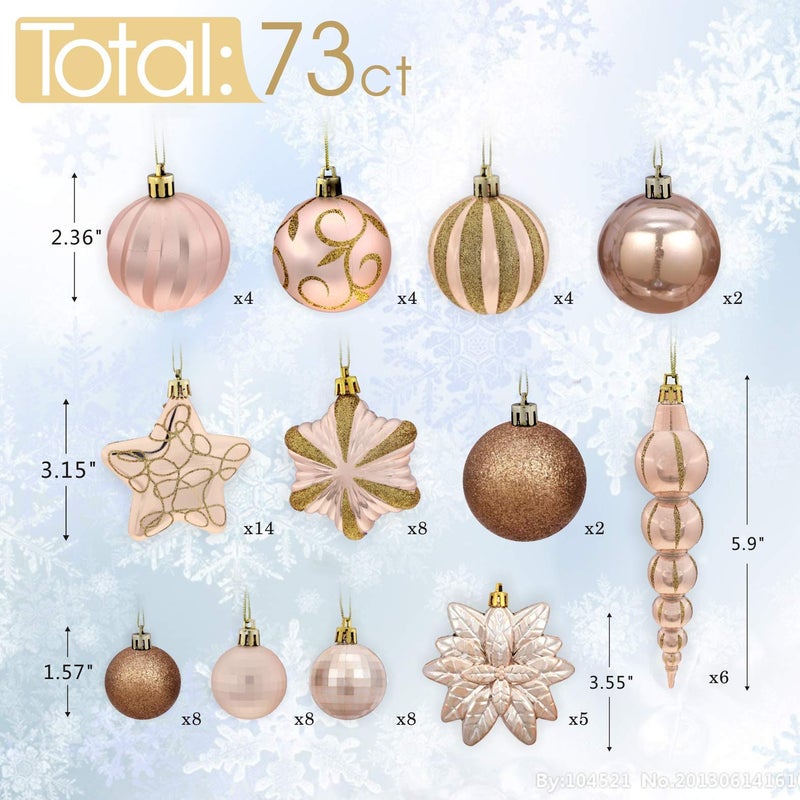 AUXO-FUN 73ct Assorted shatterproof Christmas Ornaments Luxury Collection Set in Reusable Hand-held Gift Package for Christmas Tree Decoration (Champagne) - Image 2
