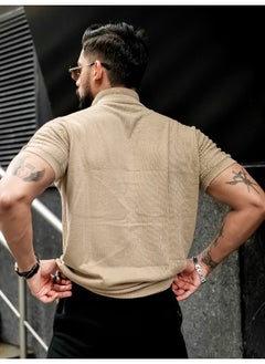Maniac Mens Solid Textured 3/4th Sleeve Beige Cotton Slim Fit Shirt  - Image 4