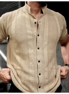 Maniac Mens Solid Textured 3/4th Sleeve Beige Cotton Slim Fit Shirt  - Image 5