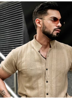 Maniac Mens Solid Textured 3/4th Sleeve Beige Cotton Slim Fit Shirt  - Image 3