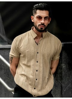 Maniac Mens Solid Textured 3/4th Sleeve Beige Cotton Slim Fit Shirt  - Image 1