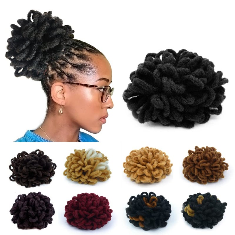 KGBFASS Loc Petal Bun Dreadlock Drawstring Ponytail Curly Faux Locs Braided Ponytail Clip in Chignon Scrunchies Hairpiece for Black Women (Black) - Image 1