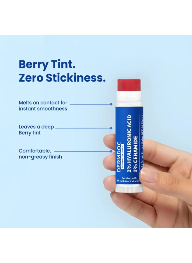 DermDoc 1% Hyaluronic Acid + 1% Ceramide Berry Tinted Lip Balm SPF 50 PA+++ 4 gm| Hydrates, Repairs & Protects Lips | UV Defense + 4 Hr Water Resistance | High Tint Coverage | Deep Moisturization | Sun Protection| Enriched with Shea Butter & Vitamin E - Image 2
