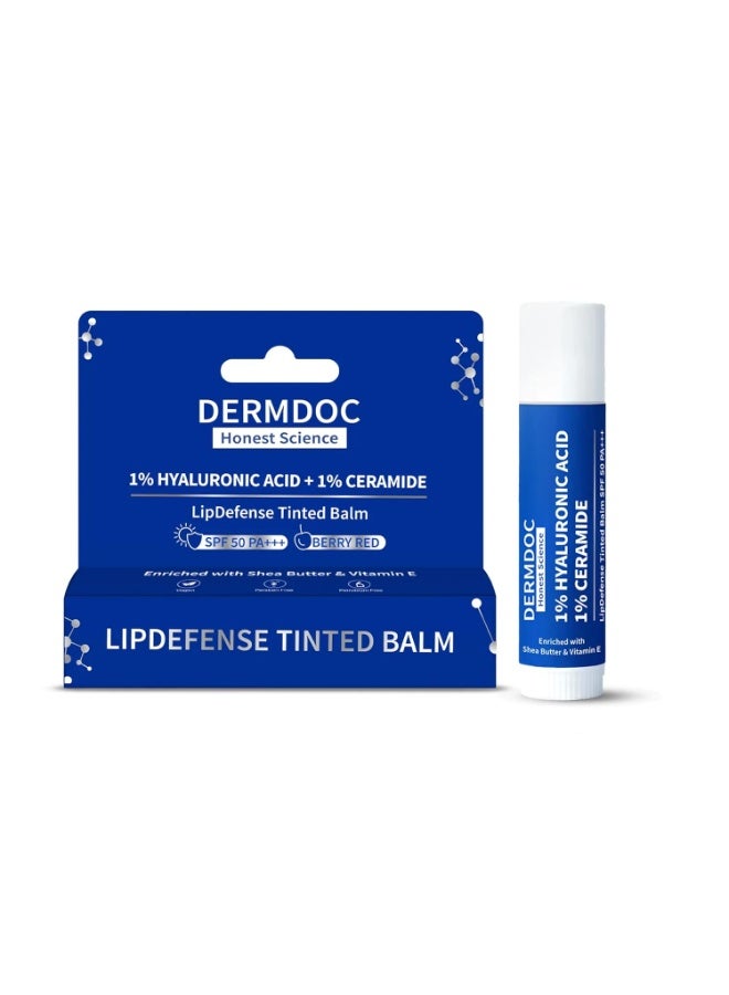 DermDoc 1% Hyaluronic Acid + 1% Ceramide Berry Tinted Lip Balm SPF 50 PA+++ 4 gm| Hydrates, Repairs & Protects Lips | UV Defense + 4 Hr Water Resistance | High Tint Coverage | Deep Moisturization | Sun Protection| Enriched with Shea Butter & Vitamin E - Image 1