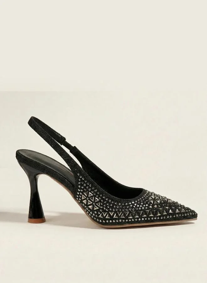Styli Black Embellished Slingback Shoes