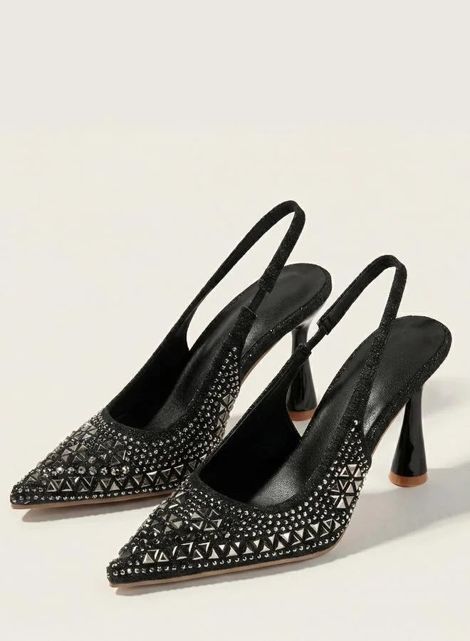 Styli Black Embellished Slingback Shoes