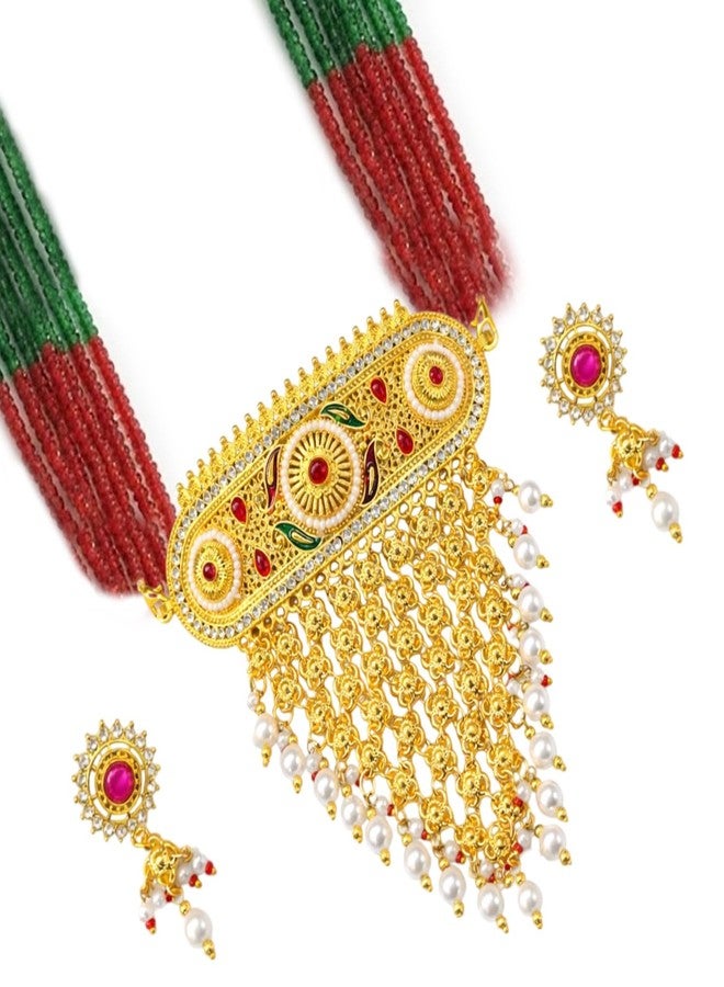 VAMA FASHIONS Gold Plated Traditional Rajputhi Stone Necklace Mini Aad Rajasthani Jewellery Neck Piece Choker Earrings Set for Women - Image 1