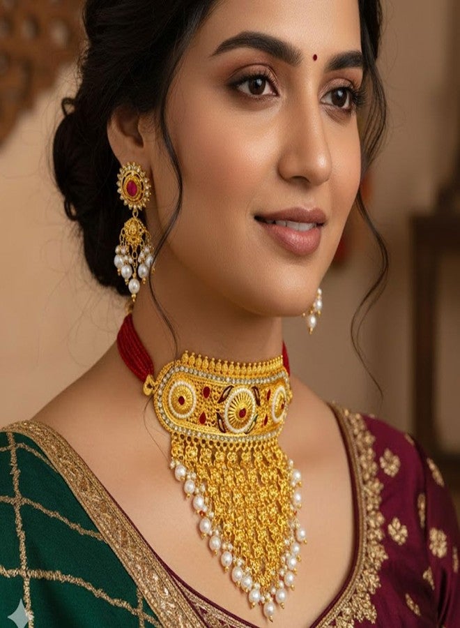 VAMA FASHIONS Gold Plated Traditional Rajputhi Stone Necklace Mini Aad Rajasthani Jewellery Neck Piece Choker Earrings Set for Women - Image 5