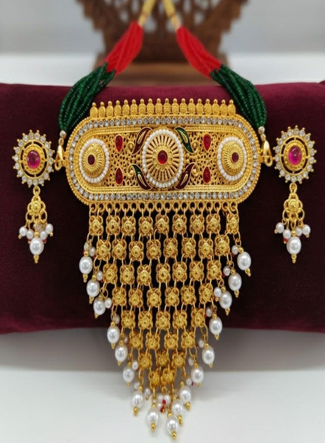 VAMA FASHIONS Gold Plated Traditional Rajputhi Stone Necklace Mini Aad Rajasthani Jewellery Neck Piece Choker Earrings Set for Women - Image 4