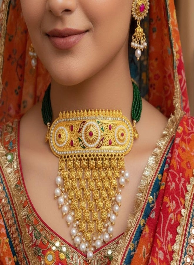 VAMA FASHIONS Gold Plated Traditional Rajputhi Stone Necklace Mini Aad Rajasthani Jewellery Neck Piece Choker Earrings Set for Women - Image 2