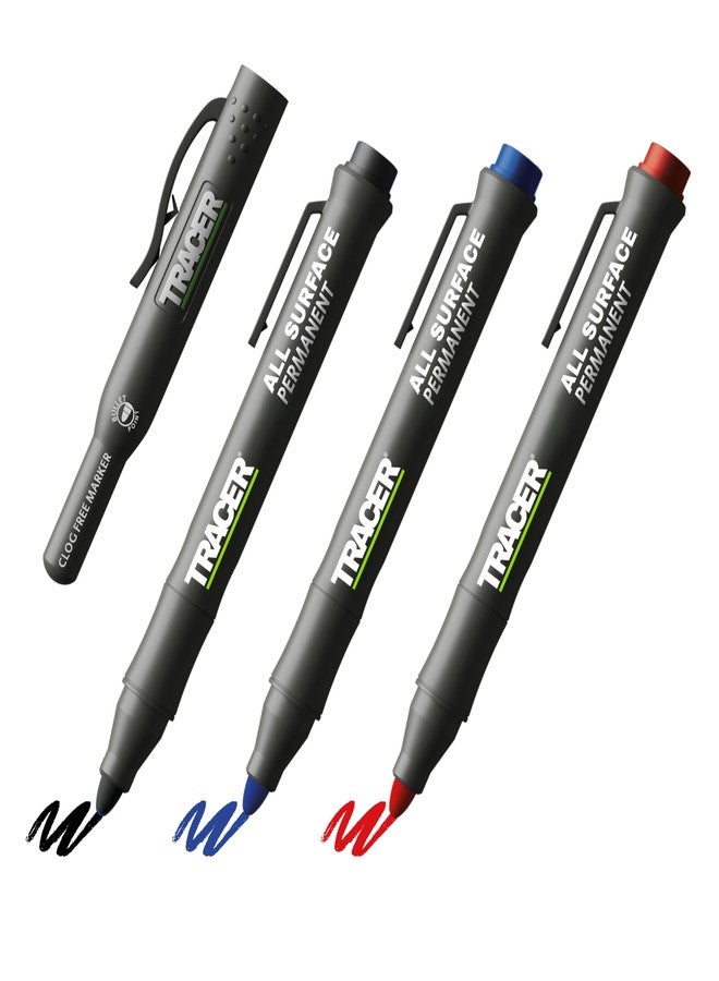 TRACER Clog-Free Construction Marker Kit with Holster for Concrete Marking and Construction applications - perfect for shiny and dusty surfaces - Black, Blue, and Red Construction Pens - Image 1