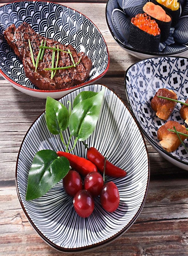 BOSILI Ceramic Boat-Shaped Serving Dinner Plates Set of 4, Unique Oval Sushi Platters, Traditional Geometric Porcelain Dessert plates for Salad or Snack, Dishwasher Safe - Image 2