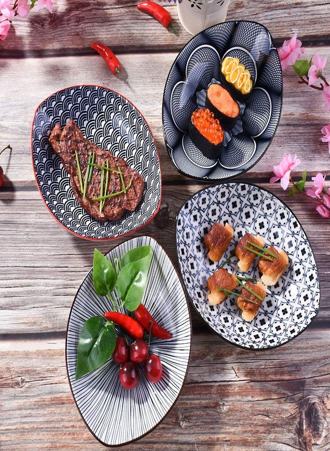 BOSILI Ceramic Boat-Shaped Serving Dinner Plates Set of 4, Unique Oval Sushi Platters, Traditional Geometric Porcelain Dessert plates for Salad or Snack, Dishwasher Safe - Image 4