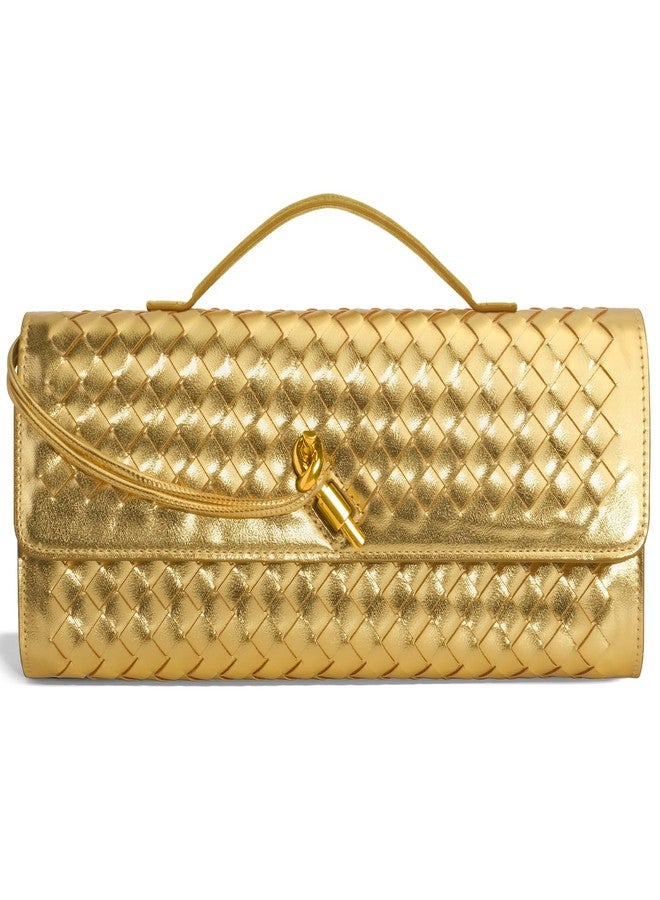 Jumping Deer Woven Clutch Purses for Women, Formal Satchel Crossbody Purse Shoulder Handbag Party Bag, Leather Evening Bag, Gold - Image 1