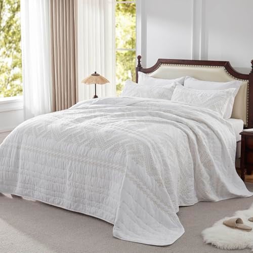 LEAONME 100 Cotton 3Piece Quilt Set White Full Queen Size Lightweight Bedspread Coverlet 90x98 Soft Luxurious Golden Embroidered Bedding Set for All Seasons 1 Quilt 2 Pillow Shams - Image 1