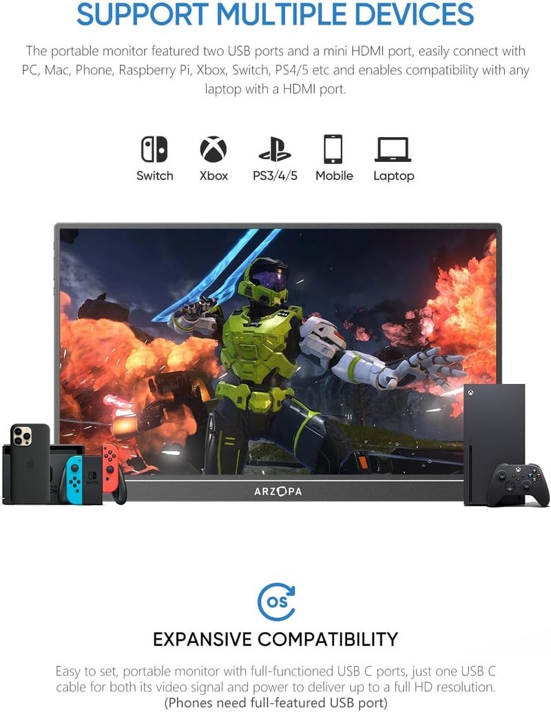 ARZOPA Portable Monitor 15.6'' FHD 1080P - Ultra-Slim Portable Laptop Monitor with Kickstand - IPS Display for PC, MAC, Phone, Xbox, PS5 - USB C & HDMI Connectivity - A1 - Image 5